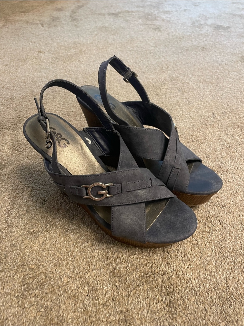 G by Guess Blue Denim Color Suede Crisscross Slingback Wedge Sandals Size 10M
